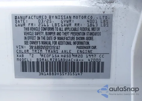 2025 Nissan Sentra Sr из США, поврежденный, VIN 3N1AB8DV5SY315147